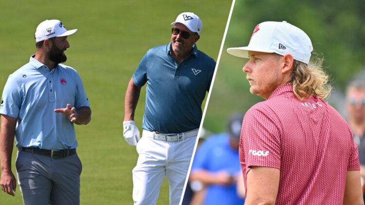 Split image of Jon Rahm and Phil Mickelson practicing at the 2025 US Open (L) and Cam Smith looking on at 2024 LIV Golf Greenbrier (R)