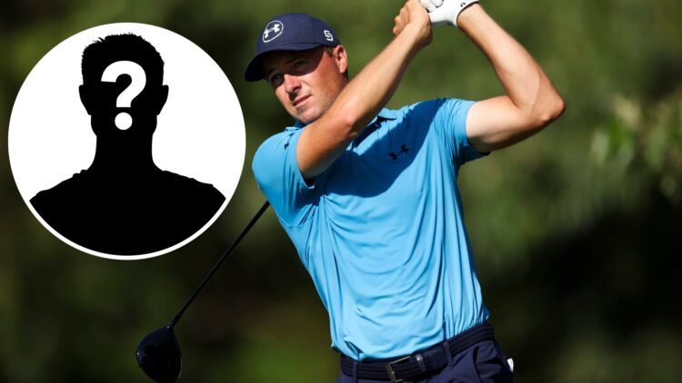 An image of Jordan Spieth playing golf in 2025 with an overlay of a mystery figure