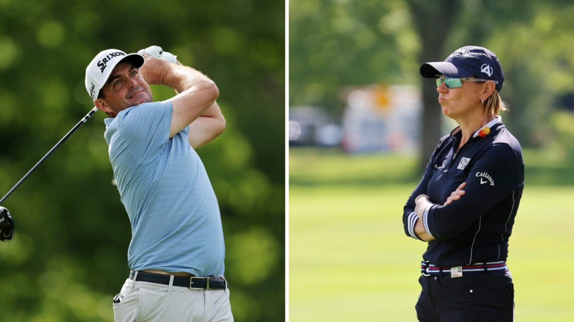 Keegan Bradley in action during the Memorial Tournament presented by Workday 2025 / Annika Sorenstam looks on during the Dow Great Lakes Bay Invita...
