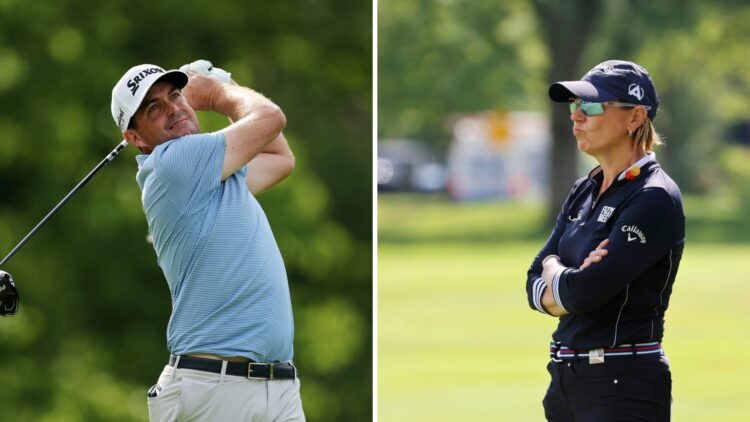 Keegan Bradley in action during the Memorial Tournament presented by Workday 2025 / Annika Sorenstam looks on during the Dow Great Lakes Bay Invita...