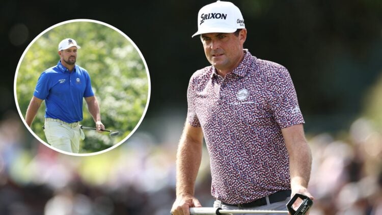 Keegan Bradley lines up a putt on the 18th green during the final round of the Tour Championship 2025 / Bryson DeChambeau during the first round of...
