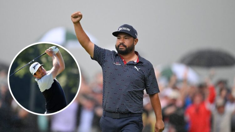J.J. Spaun celebrates the putt to win the US Open, inset of Keegan Bradley