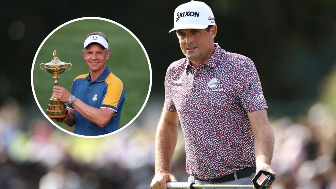 Keegan Bradley in action at the Tour Championship, inset of Luke Donald holding the Ryder Cup