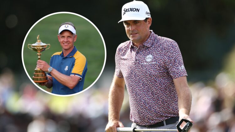 Keegan Bradley in action at the Tour Championship, inset of Luke Donald holding the Ryder Cup