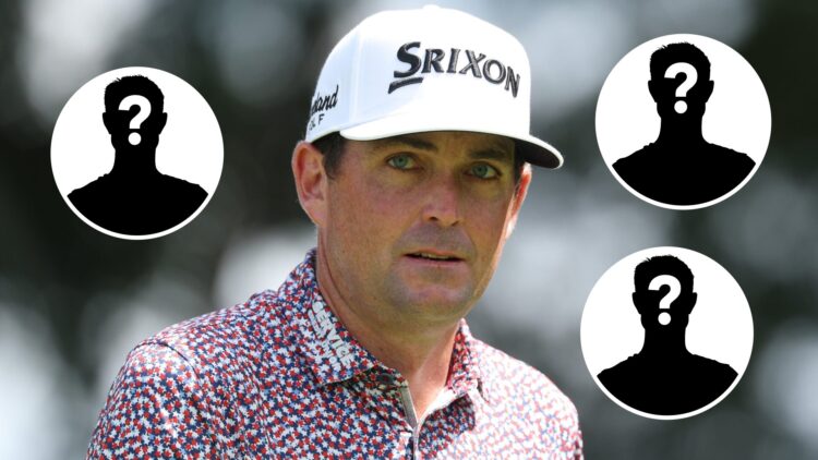 Keegan Bradley looks on at the 2025 Tour Championship, insets three mystery players