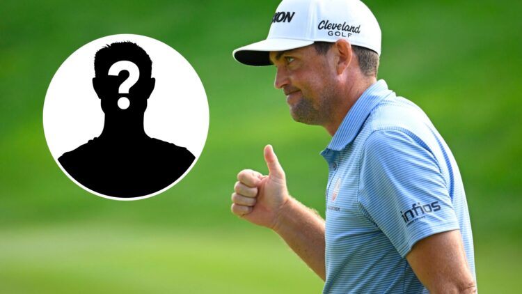 Keegan Bradley acknowledges the crowd at the 2025 Travelers Championship, inset mystery player