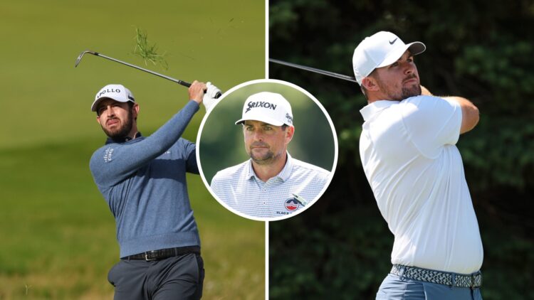 Patrick Cantlay at The Open Championship, Chris Gotterup at the 3M Open, inset of Keegan Bradley
