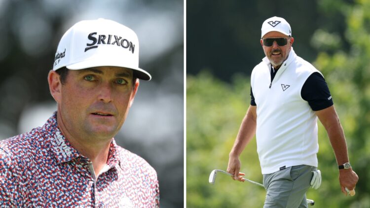 Keegan Bradley walks off the seventh tee during the final round of the TOUR Championship 2025 at East Lake / Phil Mickelson in action during LIV Go...