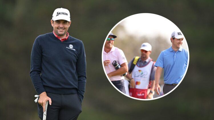 Keegan Bradley during a practice round at Royal Portrush ahead of The Open Championship / Rickie Fowler walks alongside Patrick Cantlay during the ...