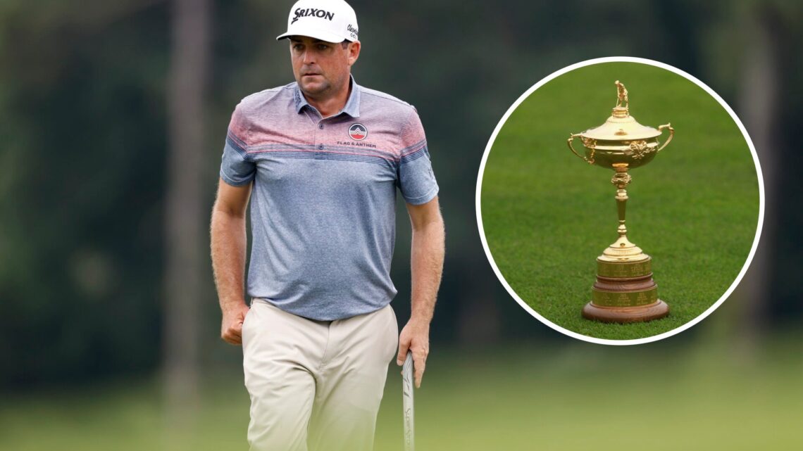 Keegan Bradley in action at the Wyndham Championship, inset of the Ryder Cup trophy