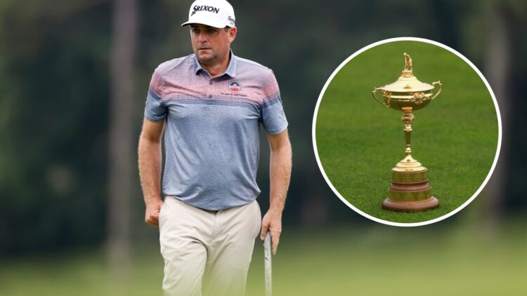 Keegan Bradley in action at the Wyndham Championship, inset of the Ryder Cup trophy