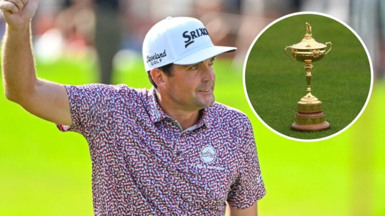 An image of Keegan Bradley with an inset of Ryder Cup trophy