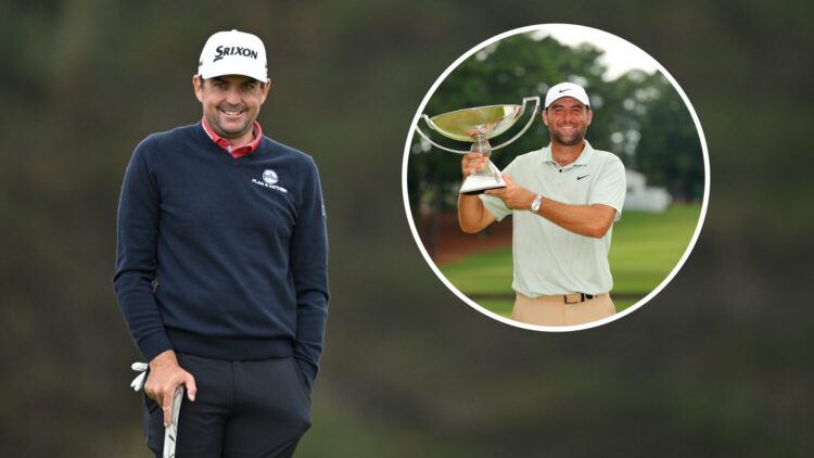 Keegan Bradley during a practice round at Royal Portrush ahead of The Open Championship / Scottie Scheffler celebrates with the FedExCup Trophy aft...