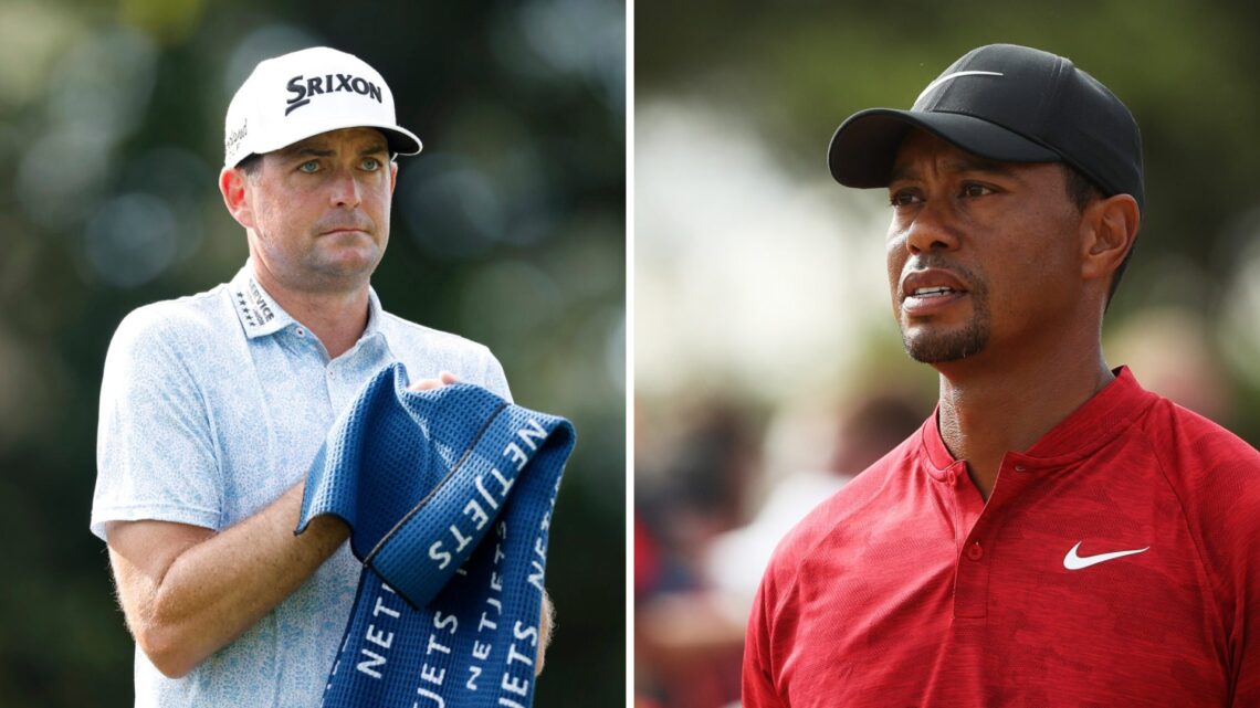 Keegan Bradley during the first round of the Wyndham Championship / Tiger Woods in action during the 147th Open Championship at Carnoustie in 2018