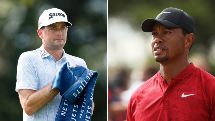 Keegan Bradley during the first round of the Wyndham Championship / Tiger Woods in action during the 147th Open Championship at Carnoustie in 2018