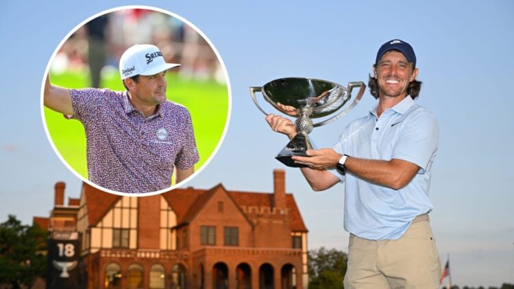 Tommy Fleetwood lifts the FedEx Cup trophy, inset of Keegan Bradley
