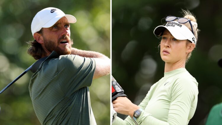 A split image of Tommy Fleetwood and Nelly Korda both playing golf in 2025