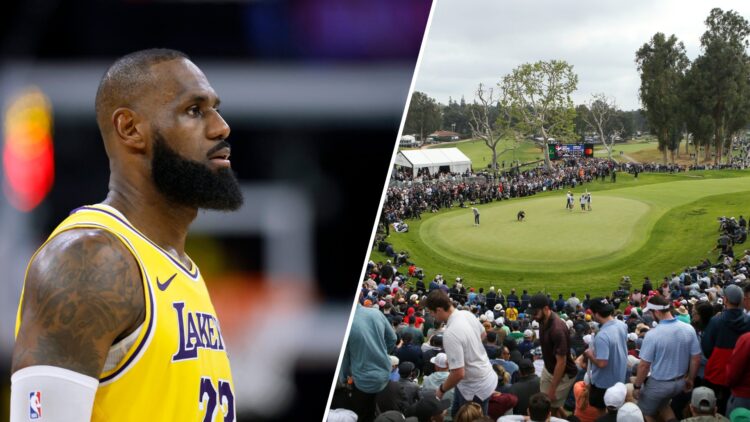 Split image of LeBron James reacting during a 2025 Los Angeles match (L) and Joaquin Niemann playing at The Genesis Invitational in 2022 (R)