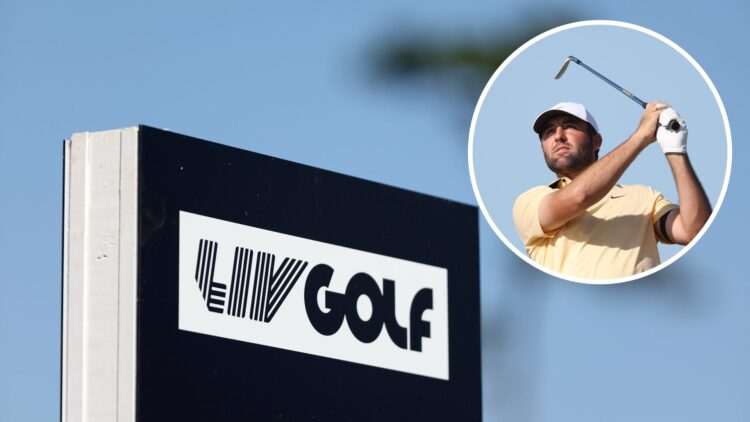LIV Golf signage during the event in Houston in 2024 / Scottie Scheffler in action at the Genesis Scottish Open 2025