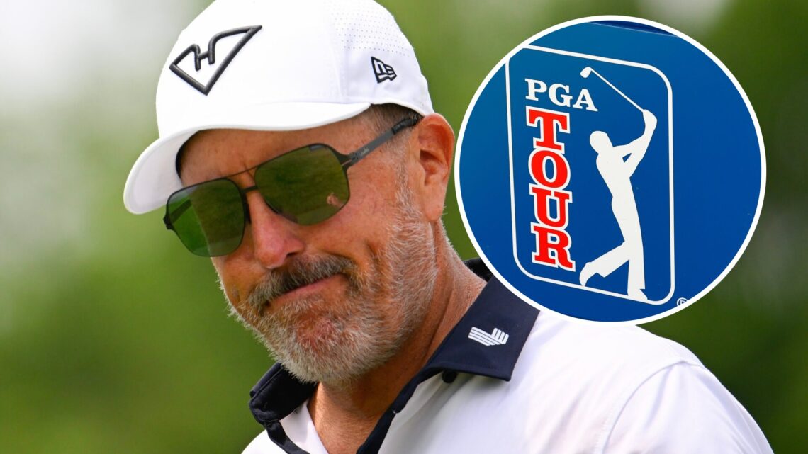 An image of Phil Mickelson playing LIV Golf in 2025 and the PGA Tour logo as overlay