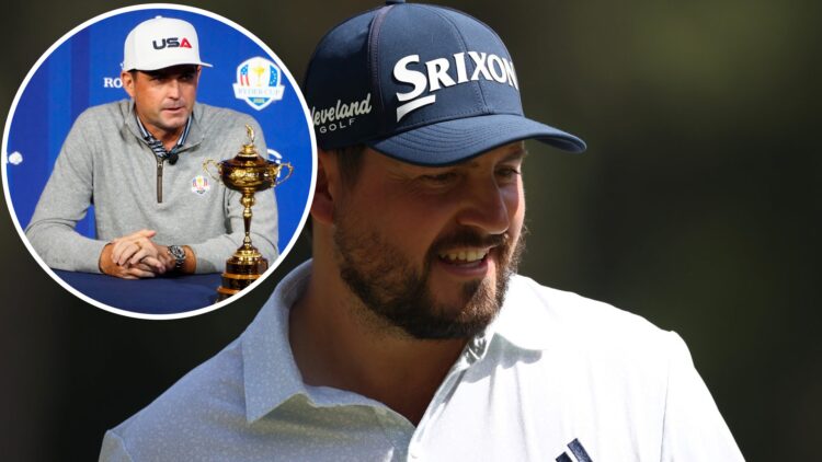 Andrew Novak playing golf in 2025 with an overlay of Keegan Bradley at a press conference