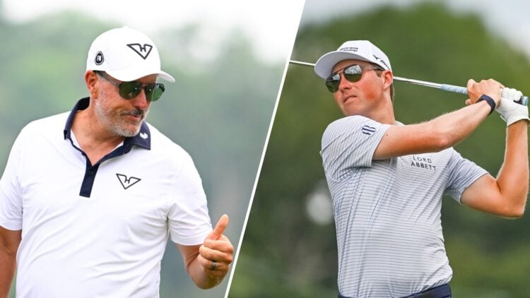 Split image of Phil Mickelson giving a thumbs up at LIV Golf Virginia 2025 and Ben Griffin playing at the 2025 Tour Championship