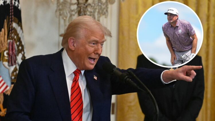 President Donald Trump speaks during a reception for Black History Month in the East Room of the White House / Keegan Bradley watches his tee shot ...