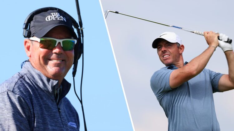 Rich Beem on commentary duty during The Open Championship at Royal St Georges in 2021 / Rory McIlroy hits a tee shot during the final round of The ...