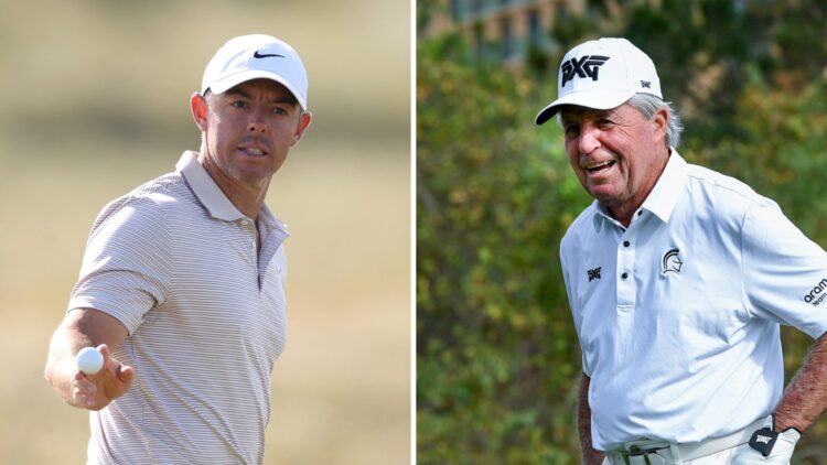 A split image of Rory McIlroy playing golf and Gary Player playing in 2025