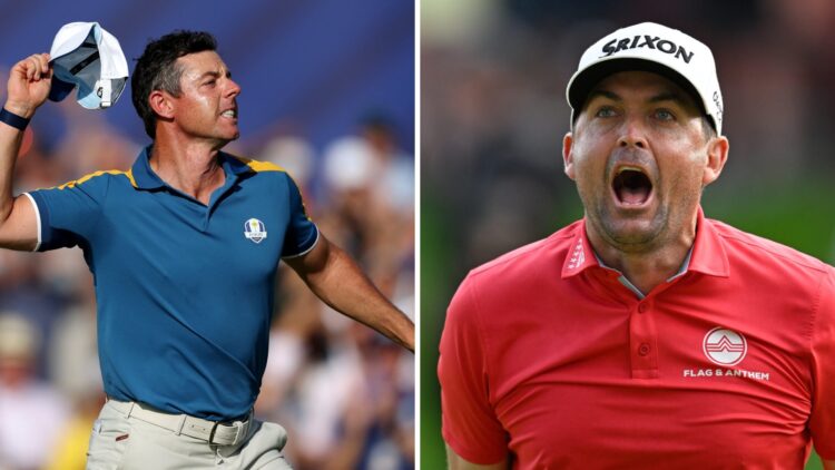 Rory McIlroy celebrates winning singles match at 2023 Ryder Cup / Keegan Bradley celebrates after winning the Travelers Championship