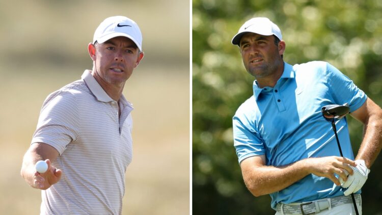 Rory McIlroy acknowledges the crowds during day three of the Genesis Scottish Open / Scottie Scheffler hits a tee shot at the FedEx St Jude Champio...