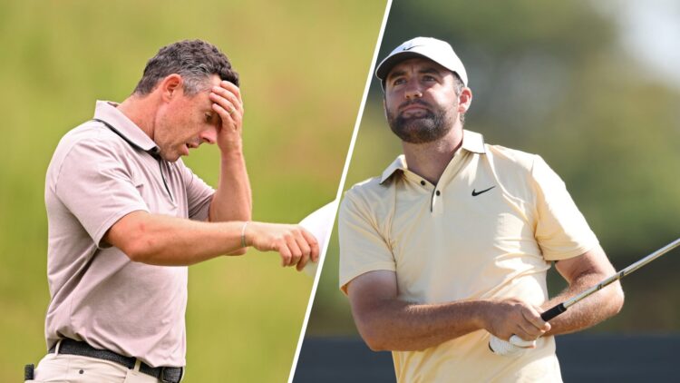 Rory McIlroy during the third round at the 2025 US Open / Scottie Scheffler in action during round two of the Genesis Scottish Open in 2025