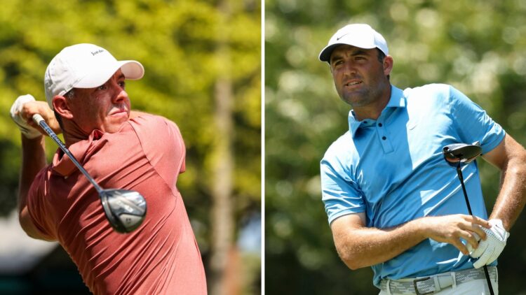 Rory McIlroy in action during the BMW Championship in 2025 / Scottie Scheffler hits a tee shot at the FedEx St Jude Championship