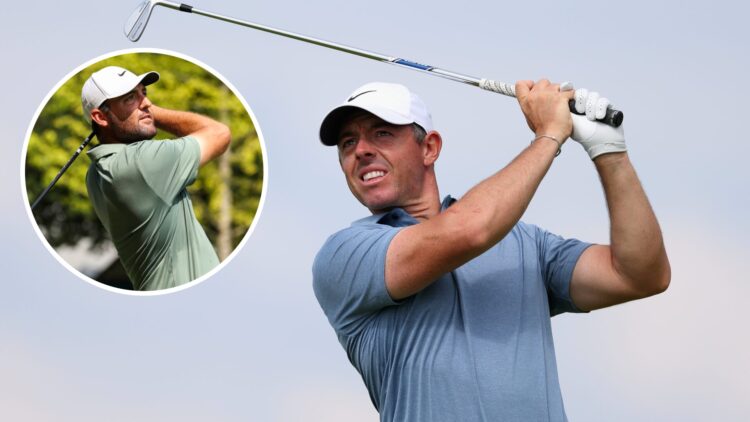 Rory McIlroy hits a tee shot during the final round of The Open Championship at Royal Portrush / Scottie Scheffler hits a tee shot during round two...