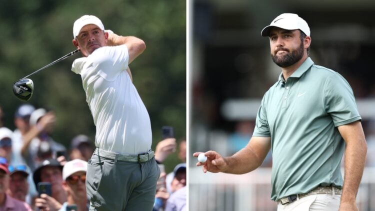 Rory McIlroy hits a tee shot during the third round of the BMW Championship at Caves Valley / Scottie Scheffler reacts on the 18th green during the...