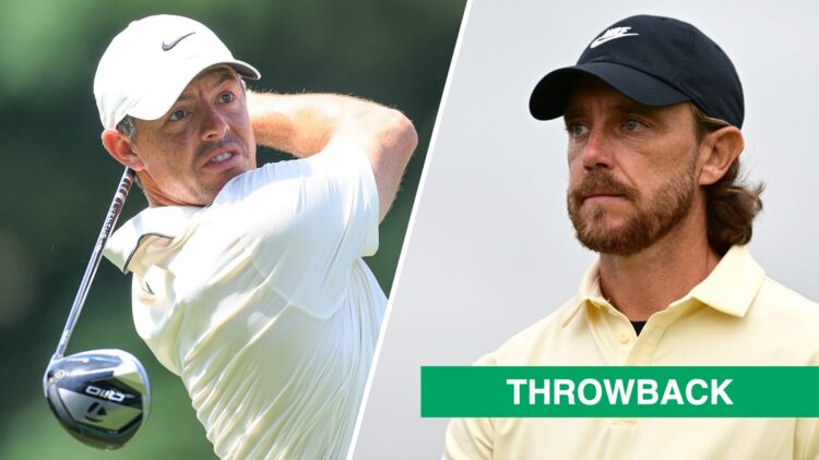 Rory McIlroy in action during the 2025 PGA Championship - Final Round / Tommy Fleetwood looks on during the The 153rd Open Championship at Royal Po...