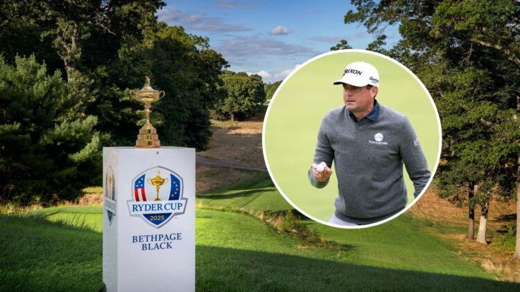 The Ryder Cup trophy sits at Bethpage Black, inset Keegan Bradley acknowledges the crowd at The Open 2025