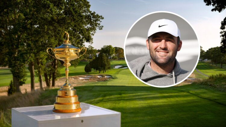 The Ryder Cup trophy is seen at the Bethpage Black Course ahead of the 2025 matchup between Team USA and Europe / Scottie Scheffler playing a pract...