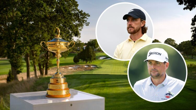 Keegan Bradley during a practice round at the Wyndham Championship / Tommy Fleetwood looks on during the The 153rd Open Championship at Royal Portr...