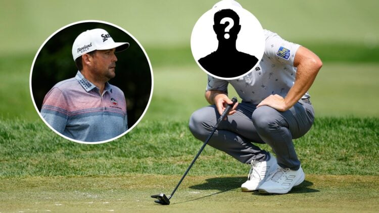 Sam Burns plays at the 2024 3M Open, inset Keegan Bradley looks on at the 2025 St. Jude Championship and mystery player
