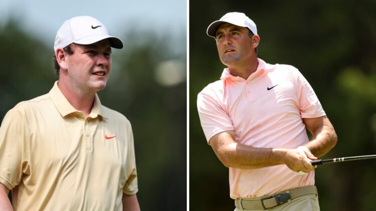 A split image of Robert MacIntyre and Scottie Scheffler playing golf in 2025
