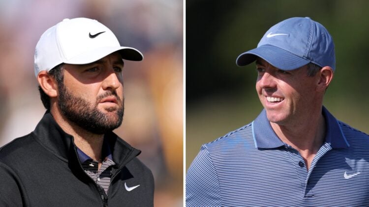 A split image of Scottie Scheffler and Rory McIlroy both playing the PGA Tour in 2025