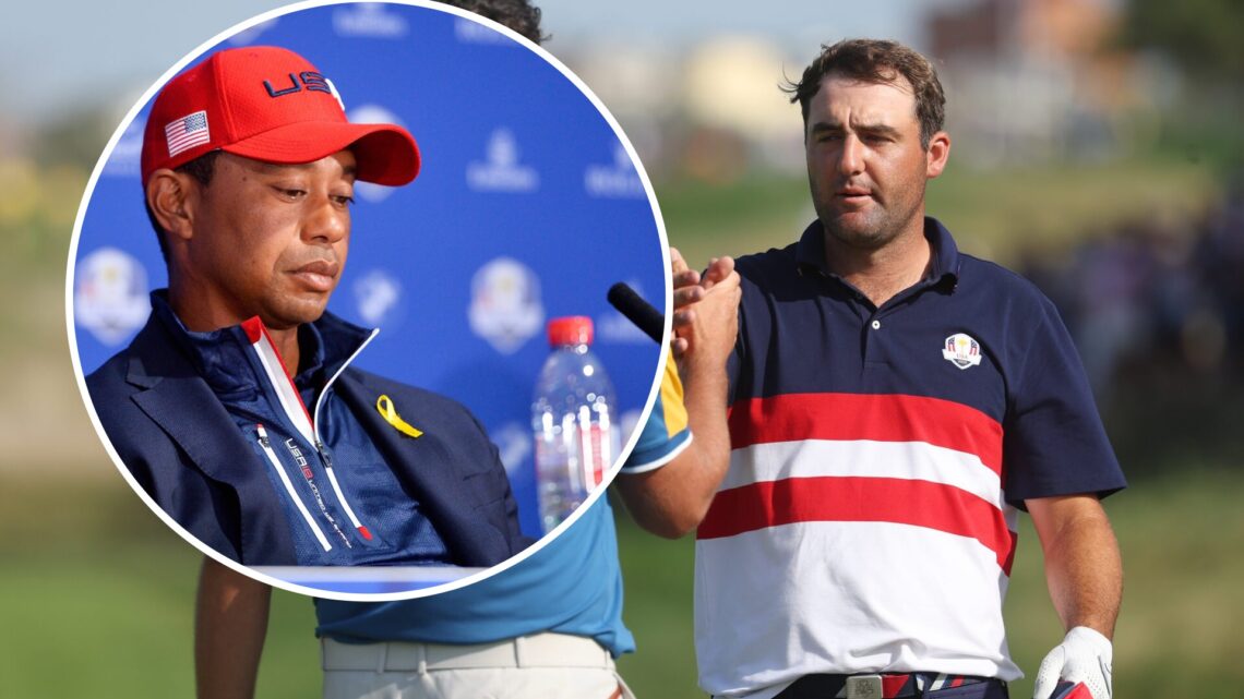 Scottie Scheffler playing at the Ryder Cup in Rome with an overlay of Tiger Woods