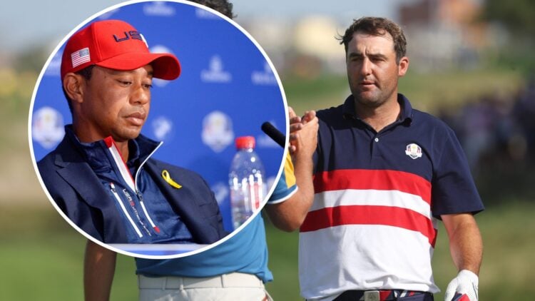 Scottie Scheffler playing at the Ryder Cup in Rome with an overlay of Tiger Woods