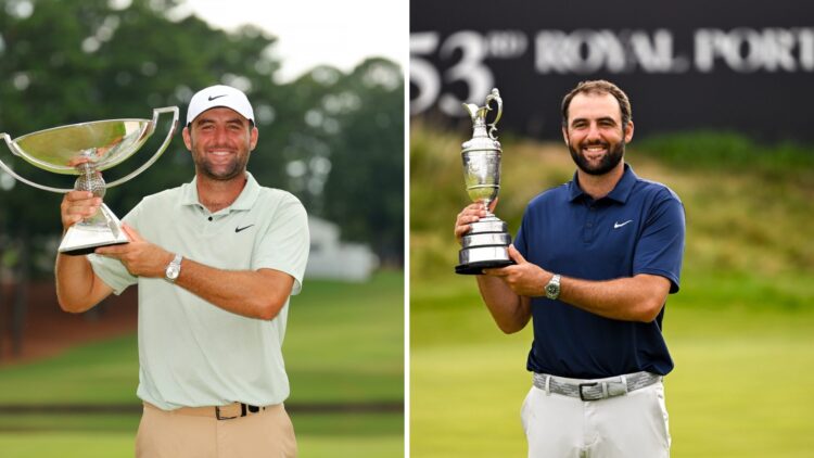 Scottie Scheffler holding the 2024 Tour Championship and 2025 Open Championship trophies