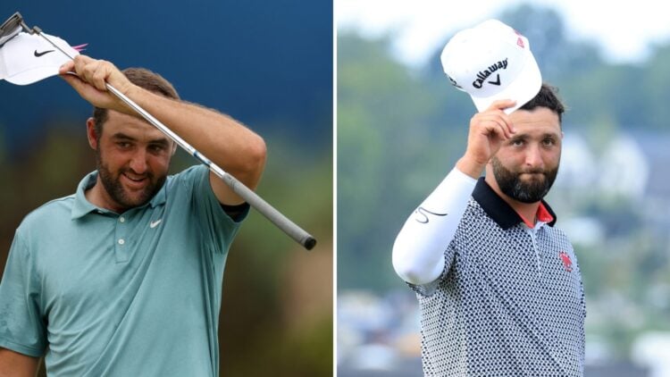 Split image of Scottie Scheffler reacting to winning the 2025 BMW Championship (L) and Jon Rahm acknowledging the crowd at LIV Golf Indianapolis 20...