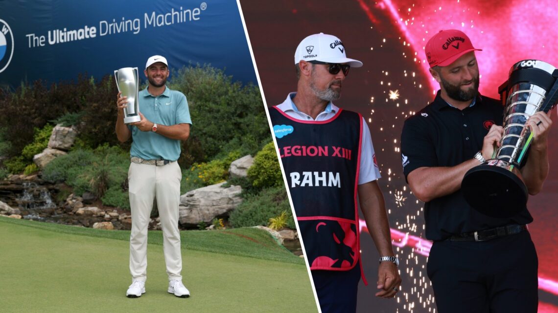 Split image of Scottie Scheffler lifting the 2025 BMW Championship trophy (L) and Jon Rahm lifting the 2025 LIV Golf Individual Championship trophy...