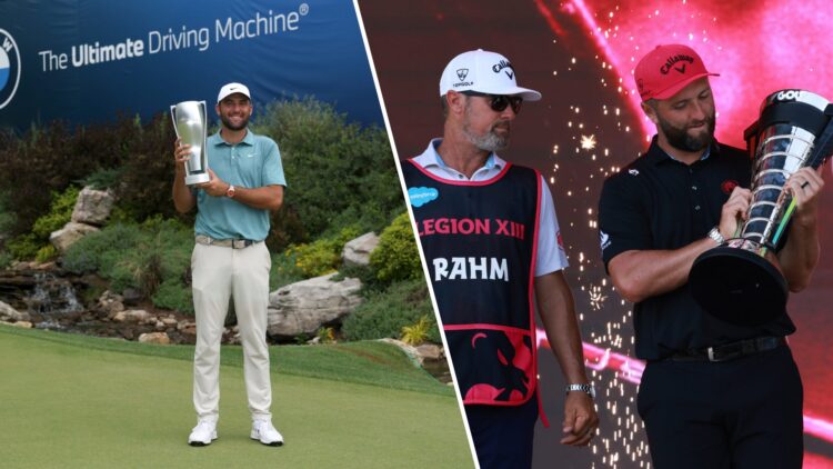 Split image of Scottie Scheffler lifting the 2025 BMW Championship trophy (L) and Jon Rahm lifting the 2025 LIV Golf Individual Championship trophy...