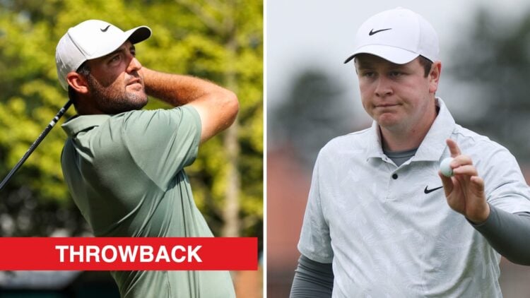 Scottie Scheffler hits a tee shot during round two of the BMW Championship / Robert MacIntyre at the Genesis Scottish Open in 2024