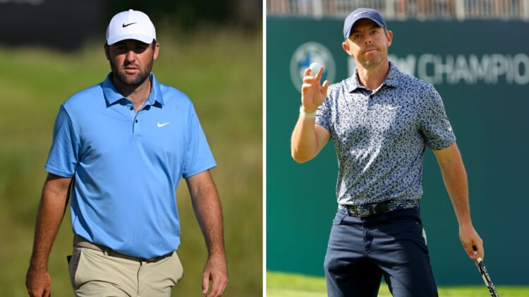 Scottie Scheffler walks on day three at the Genesis Scottish Open 2025 / Rory McIlroy acknowledges the crowd during round one of the BMW Championsh...